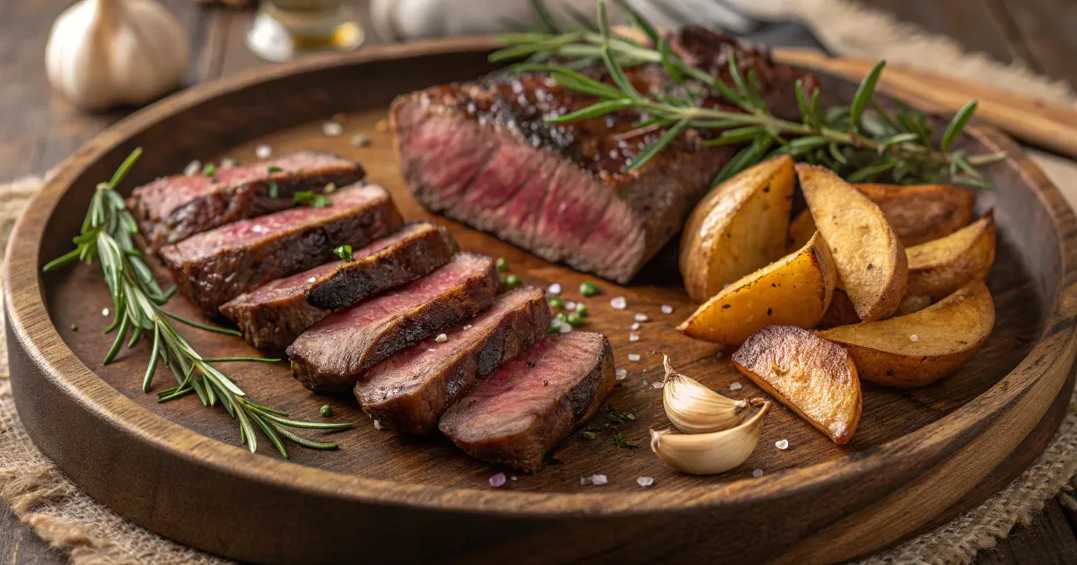 Close-up of juicy steak slices and crispy roasted potatoes with herbs
