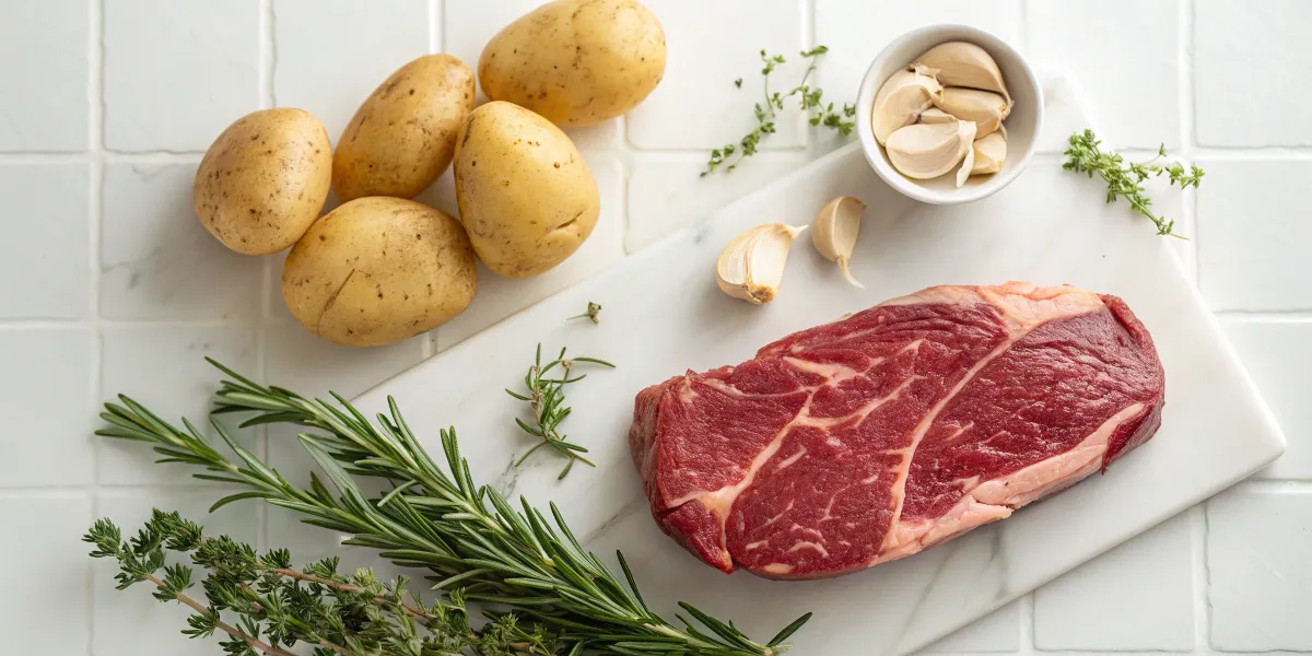 Fresh Ingredients for Steak and Potatoes Raw steak, Yukon Gold potatoes, garlic cloves, and fresh herbs neatly arranged on a clean white kitchen countertop