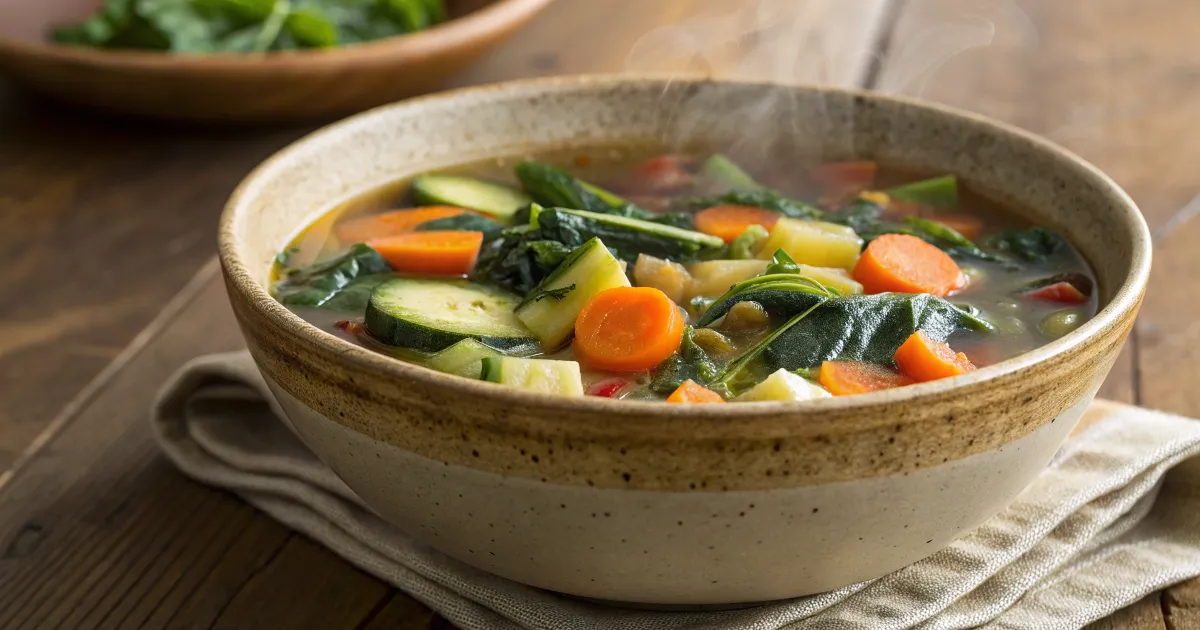 Hearty Vegetable Soup Low FODMAP vegetable soup with carrots and zucchini in a ceramic bowl