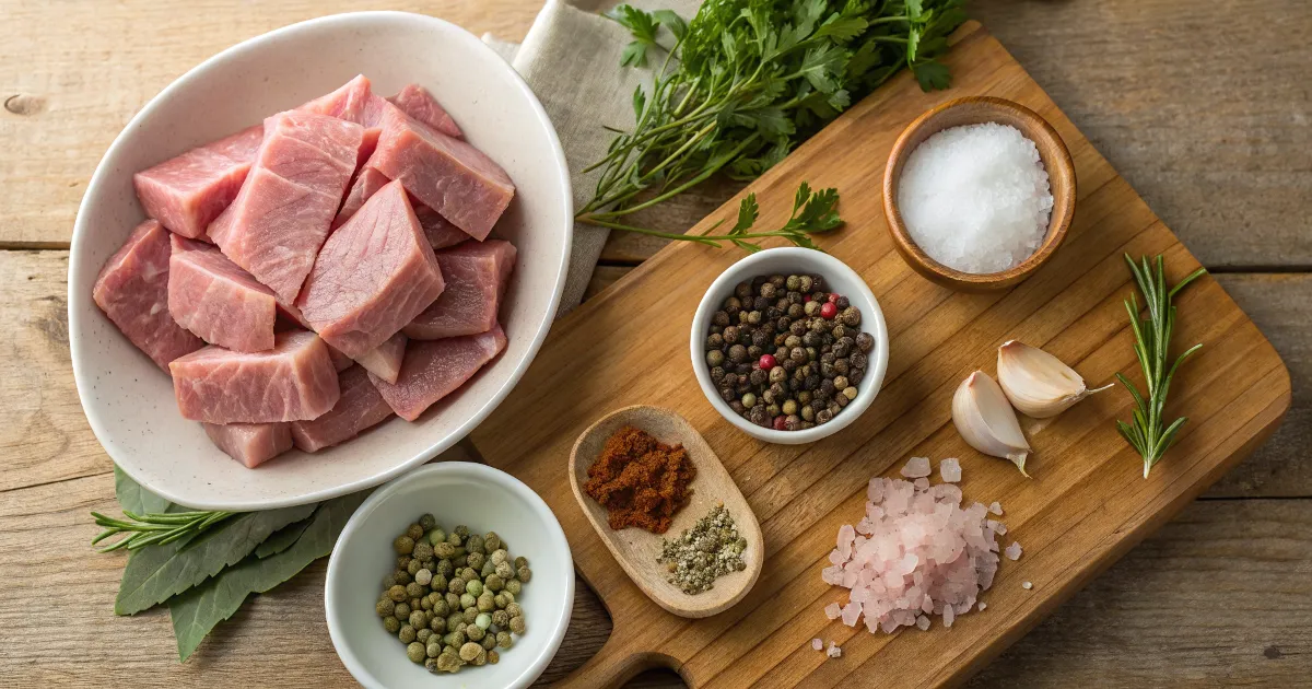 Ingredients for Homemade Mortadella A top-down view of mortadella ingredients for a mortadella lunch meat recipe, including raw pork, spices, pistachios, and herbs on a wooden surface.
