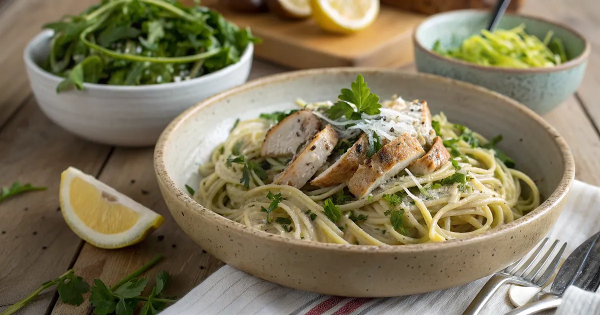 Low FODMAP Chicken Zucchini Pasta Serving A serving of chicken zucchini pasta with parsley, parmesan, and lemon wedges on a rustic plate