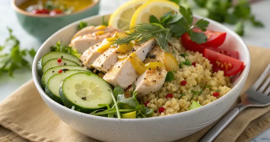 A vibrant low FODMAP quinoa bowl with chicken and fresh vegetables