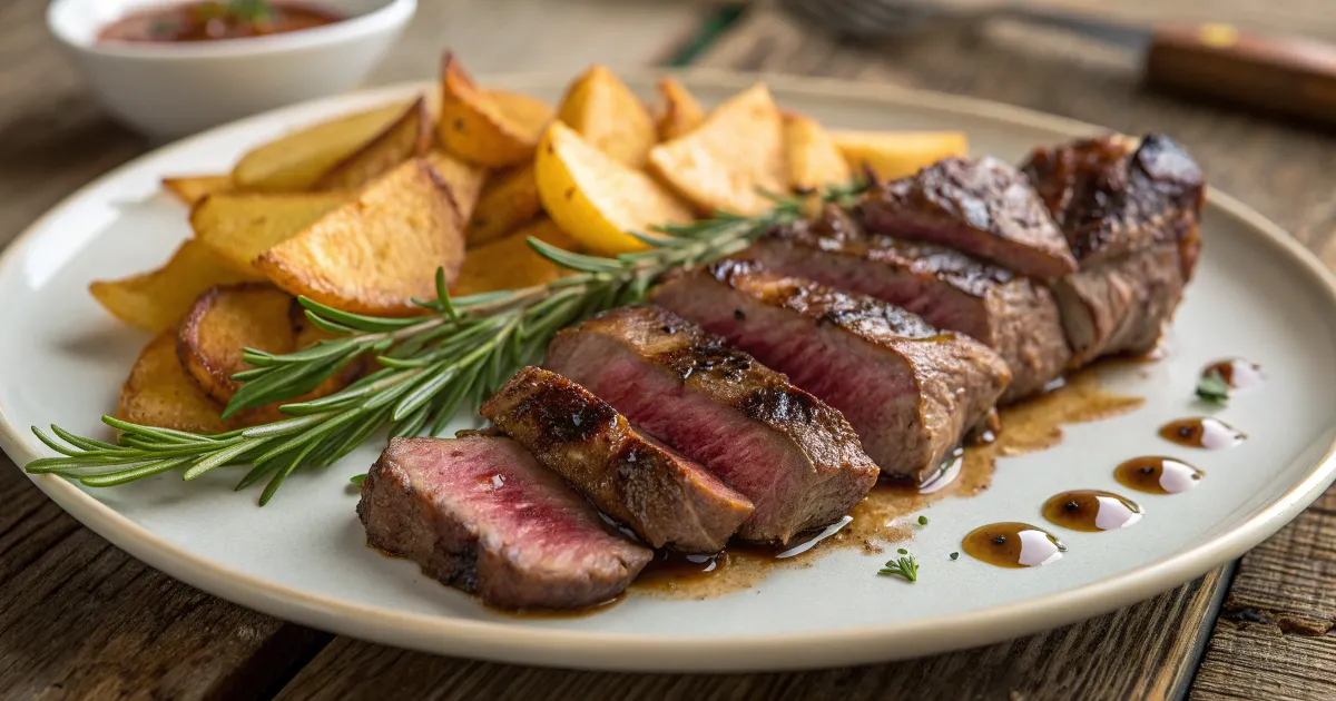 Plated Steak and Crispy Potatoes Tender steak slices plated alongside golden, crispy potato wedges, garnished with fresh rosemary