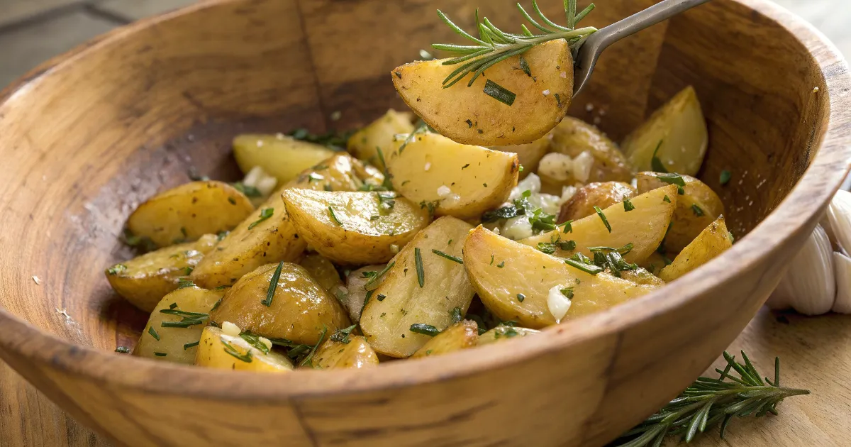 Potatoes Tossed with Olive Oil and Herbs Golden potato wedges tossed with olive oil, garlic, and fresh herbs in a large wooden mixing bowl