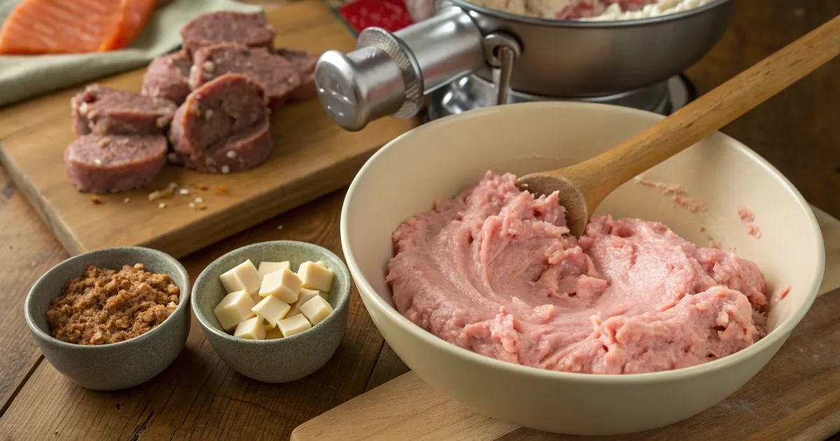 Preparing the Mortadella Mixture for Casing A rustic kitchen scene featuring a bowl of emulsified mortadella meat mixture with spices and casing tools nearby