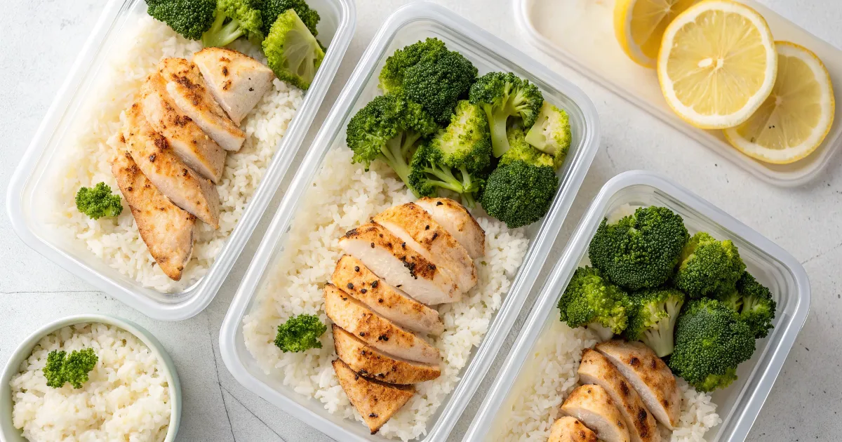 Prepped Low FODMAP Lunches Meal-prepped low FODMAP lunches in divided containers with rice and chicken
