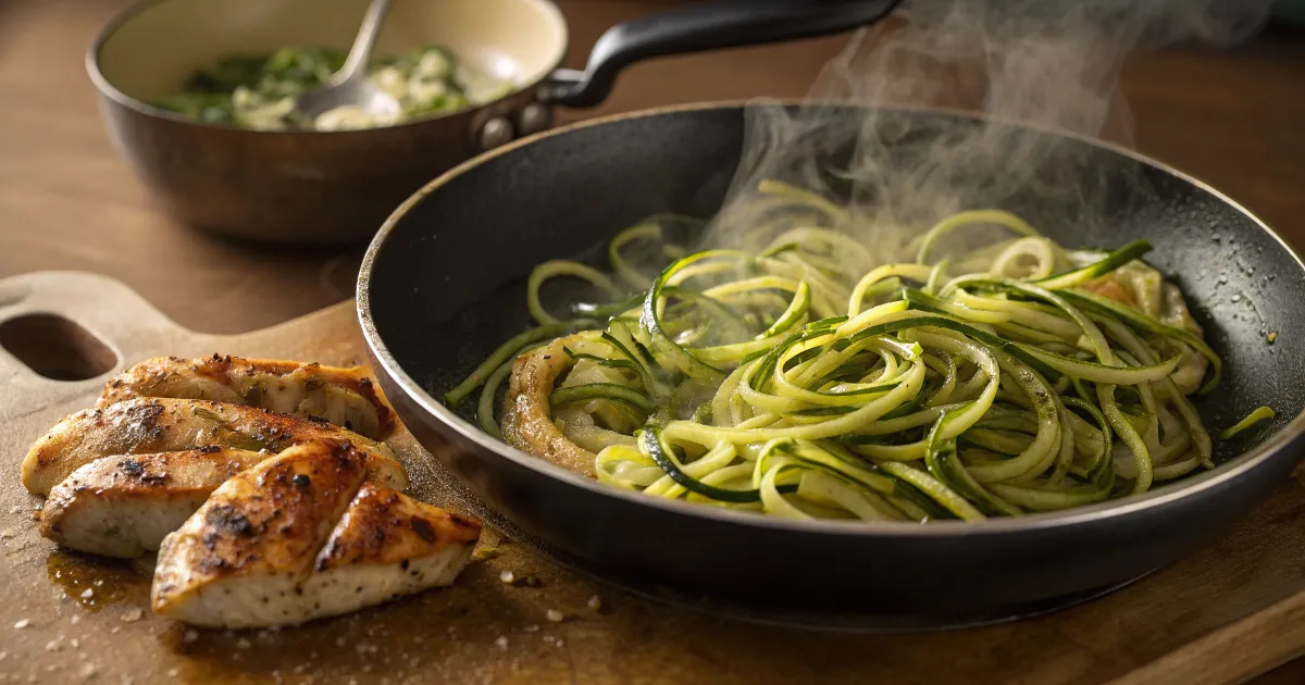 Sautéing Zucchini Noodles with Chicken Zucchini noodles and grilled chicken being cooked in garlic-infused oil with steam rising