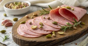 Slices of mortadella on a wooden platter with herbs and pistachios
