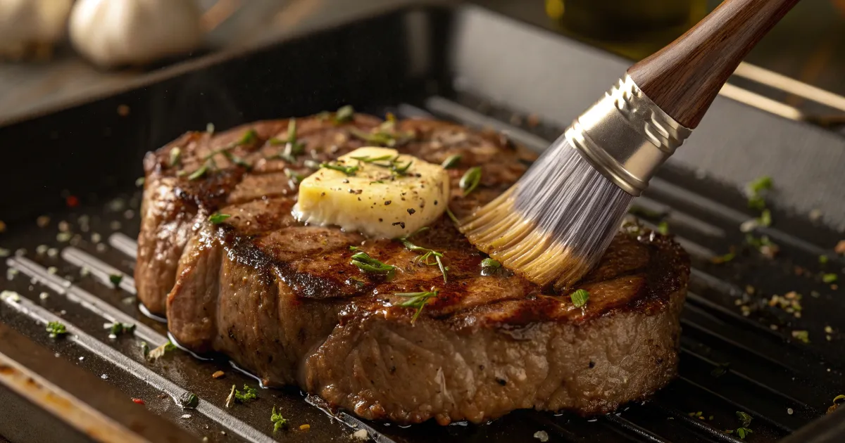 Steak Basted with Garlic Butter Juicy steak being basted with melted garlic butter while roasting in the oven