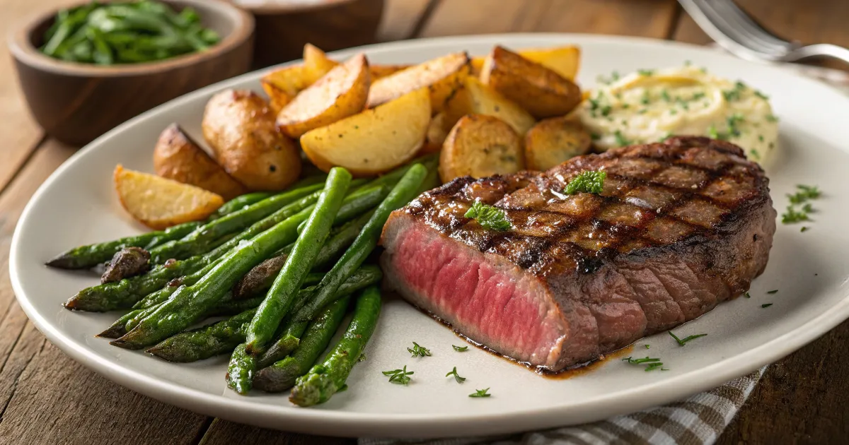 Steak and Potatoes with Garlic Butter Asparagus Sliced steak with crispy potatoes and sautéed garlic butter asparagus, served on a rustic plate