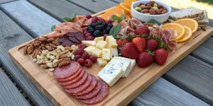 Charcuterie box lunch with meats, cheeses, and fruits.