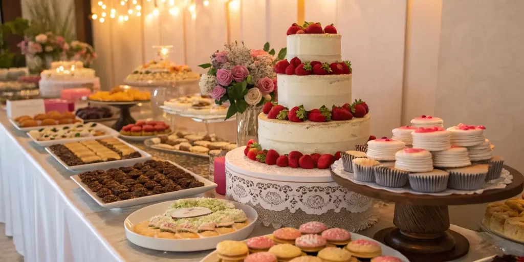 Dessert table with cakes, cookies, and pastries arranged beautifully