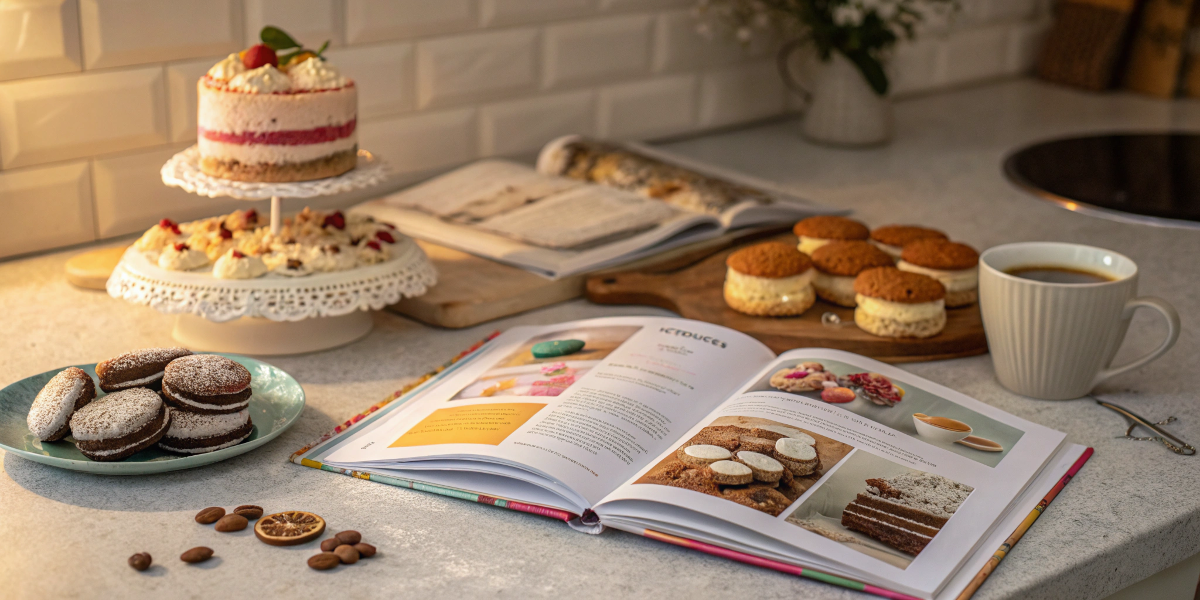 Open dessert recipe book with cakes and cookies