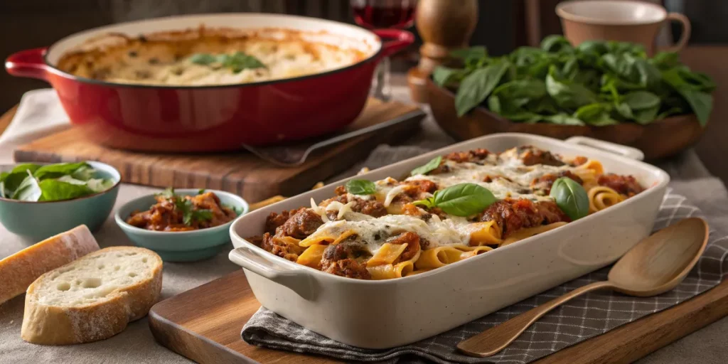 Ground sausage pasta served with salad and bread on a cozy dinner table