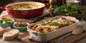 Ground sausage pasta served with salad and bread on a cozy dinner table