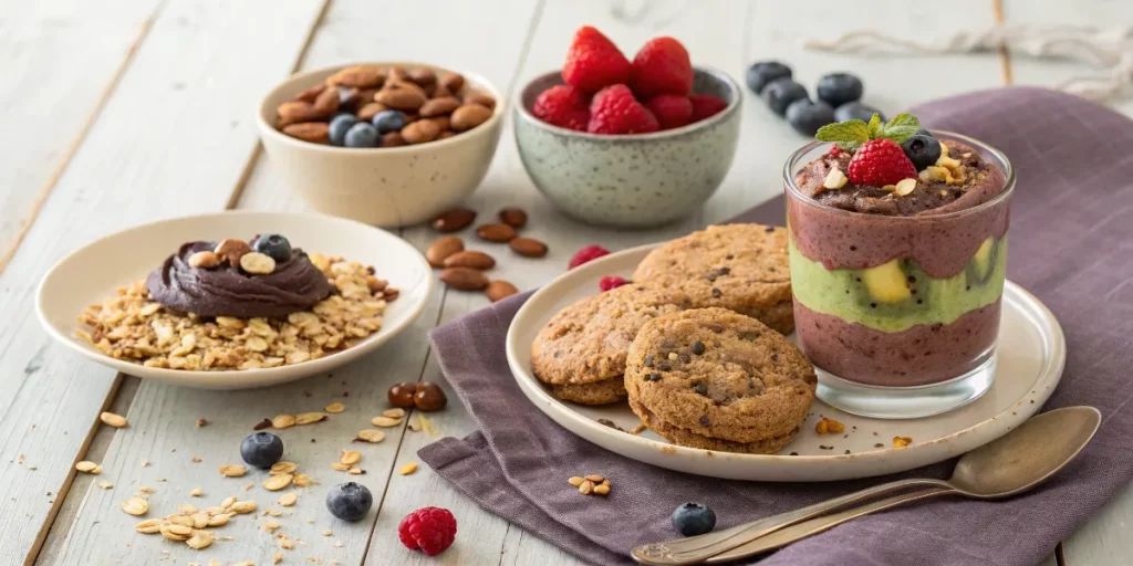 A variety of healthy desserts including oatmeal cookies, chocolate mousse, and chia pudding.