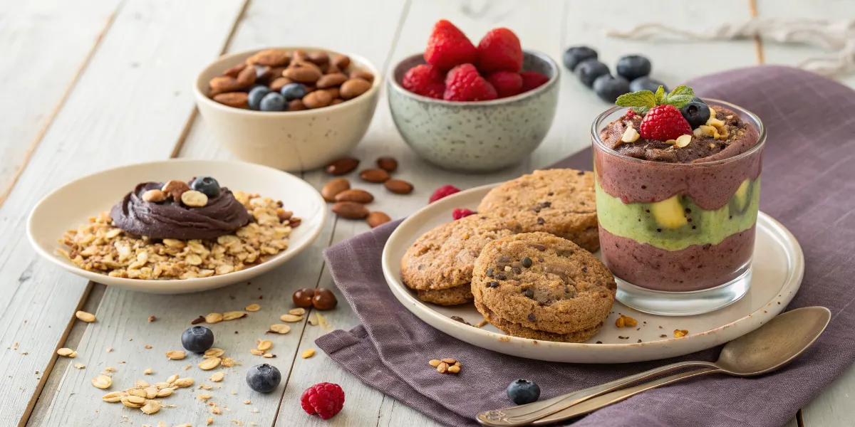 A variety of healthy desserts including oatmeal cookies, chocolate mousse, and chia pudding.