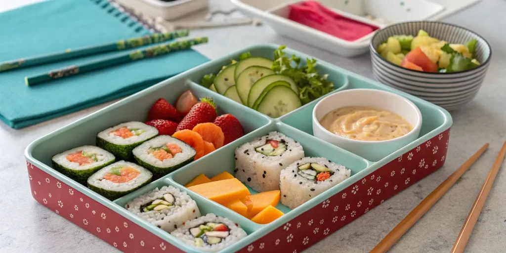 Bento box with sushi rolls, vegetables, and dips