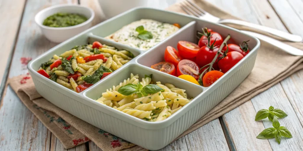 Gourmet pasta lunch box with three pasta dishes