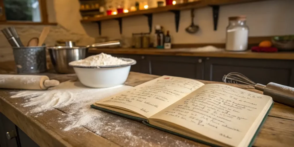 Handwritten dessert recipe book with baking tools