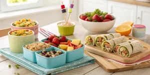 Healthy lunch box ideas with quinoa salad, wraps, and fruit skewers