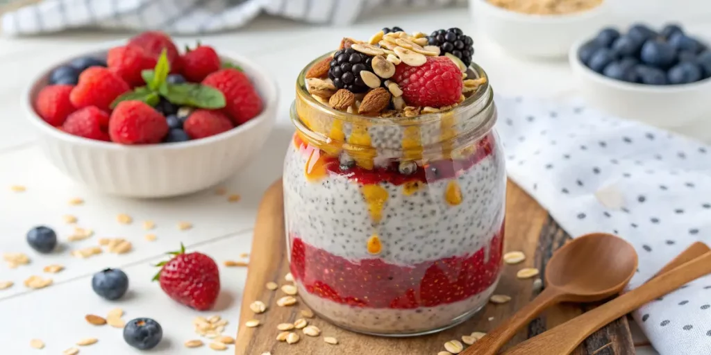 vernight oats with chia seeds, almond milk, and fresh berries - Flat belly breakfast recipes