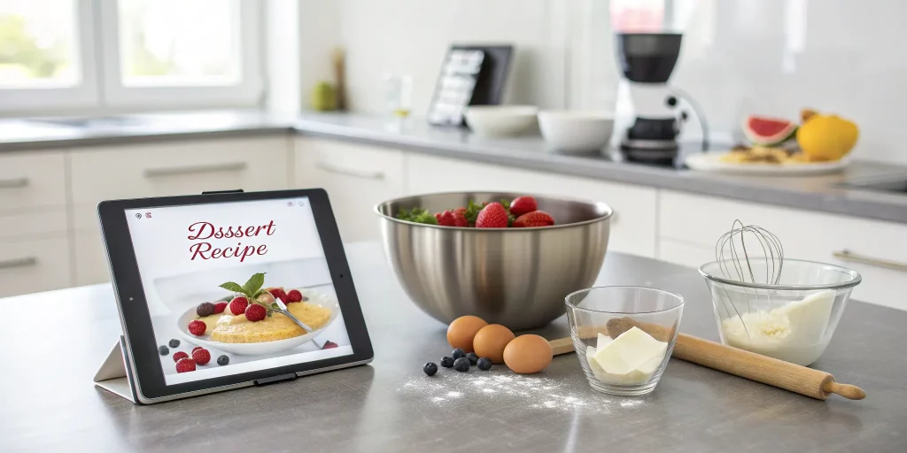 Digital tablet with dessert recipe and baking ingredients