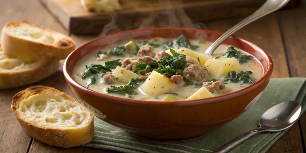 Zuppa Toscana with sausage, kale, and potatoes served with garlic bread