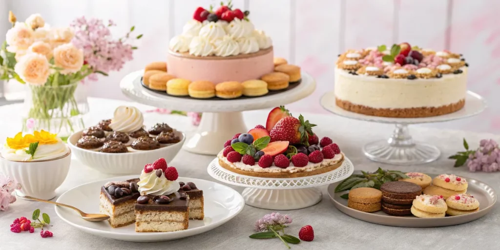 Dessert table with cakes, cookies, and pies