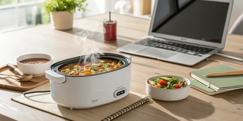 Crock Pot lunch box recipes with a hot meal on a work desk.