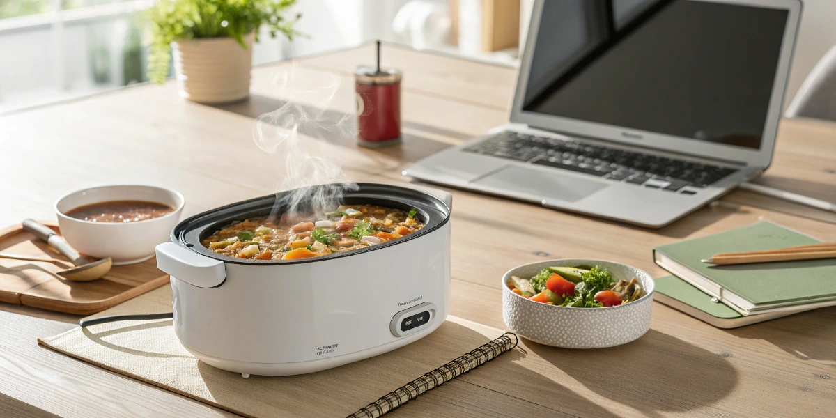 Crock Pot lunch box recipes with a hot meal on a work desk.