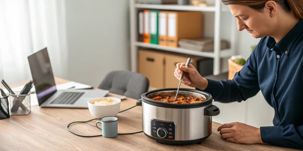 Person using a Crock-Pot lunch box at work.