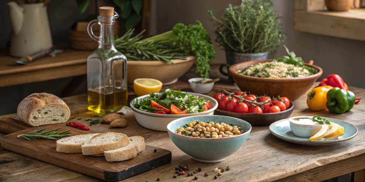 Rustic Mediterranean Blue Zone dinner table spread