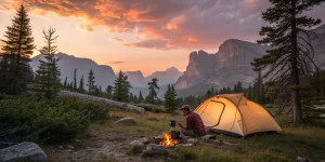 Backpacker cooking dinner at sunset in a scenic campsite