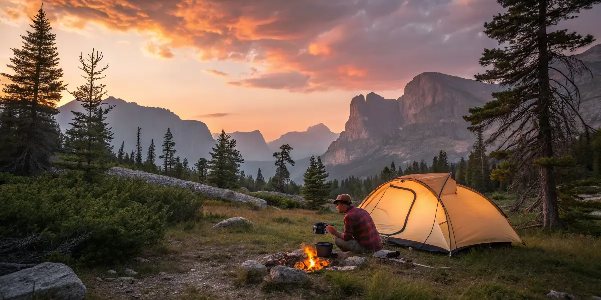 Backpacker cooking dinner at sunset in a scenic campsite