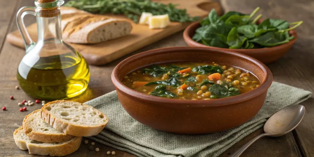 Lentil and spinach soup in a rustic bowl
