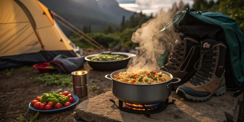 One-pot pasta being cooked on a backpacking stove - best backpacking dinner recipes