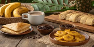 Traditional Panamanian breakfast spread with hojaldres, tortilla changa, and plantains