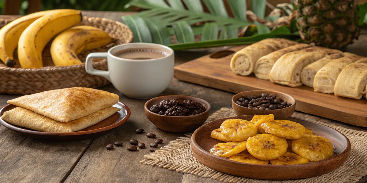 Traditional Panamanian breakfast spread with hojaldres, tortilla changa, and plantains