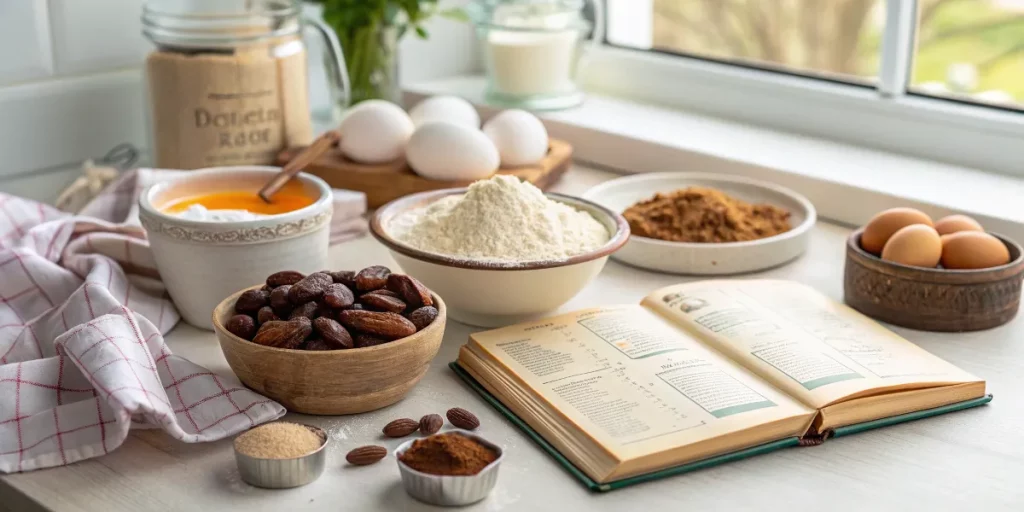 A baker’s workspace showing ingredients for healthy desserts like dates, almond flour, and cocoa powder.