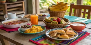Traditional Panamanian breakfast with hojaldres, bollo, and tropical fruits.