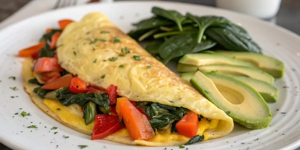 High-protein veggie omelette with spinach, tomatoes, and bell peppers.