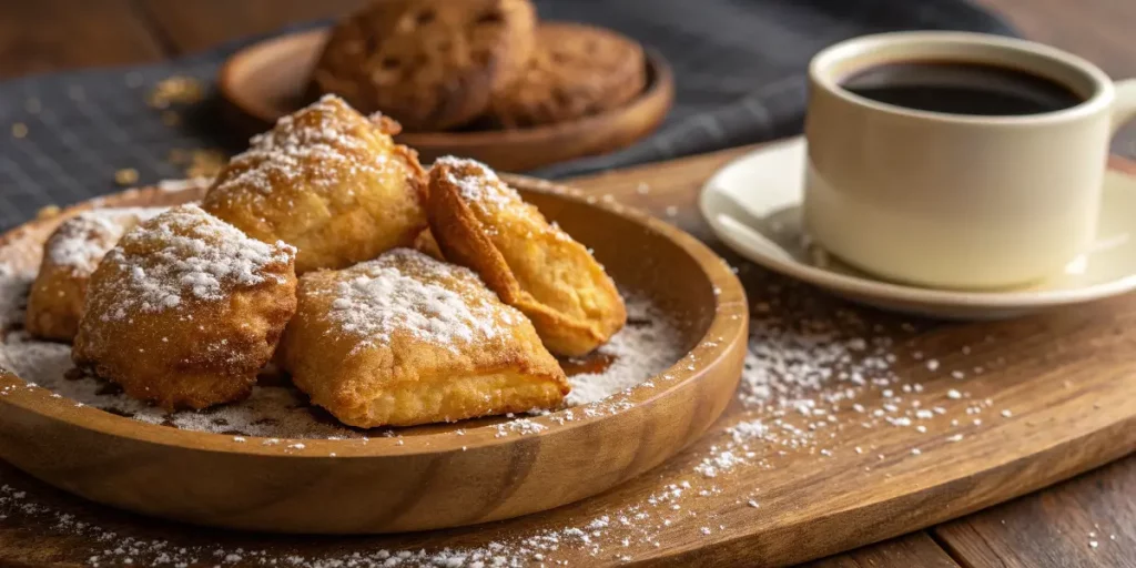 Golden fried hojaldres with powdered sugar served for breakfast.