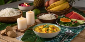 Tropical dinner with coconut chicken curry