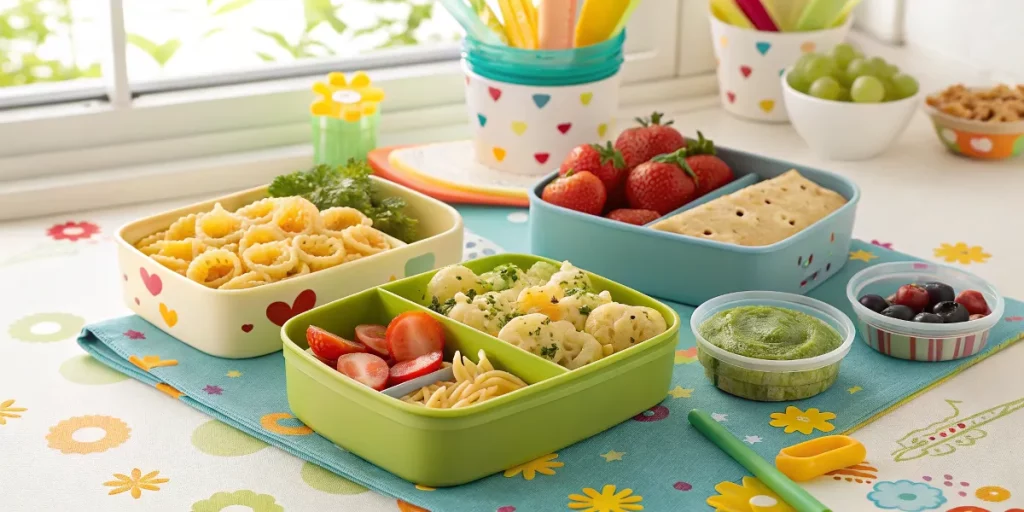 Kid-friendly pasta lunch box with colorful pasta and mac and cheese cups
