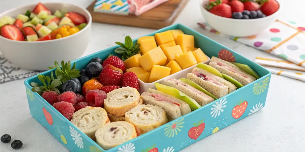 Kid-friendly charcuterie box with colorful fruits, mini sandwiches, and cheese cubes.