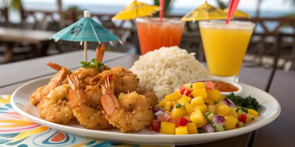 Coconut shrimp with mango salsa and coconut rice